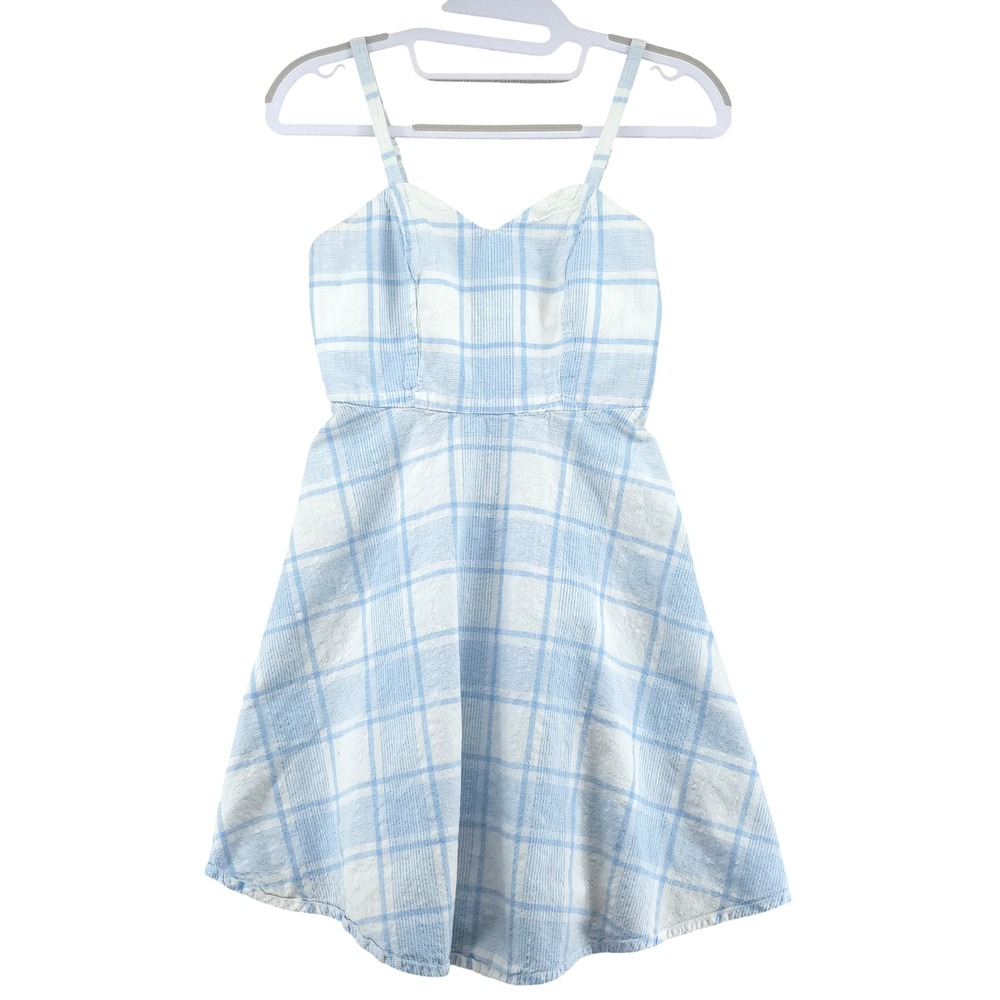 Cottagecore Prairie Twee Plaid Linen Blend Fit Flare Summer Mini Dress Womens S